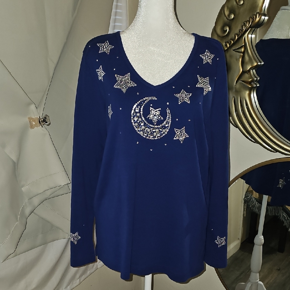 Quacker Factory Navy Top with Star and Moon Accents Beaded Rhinestones Hg12